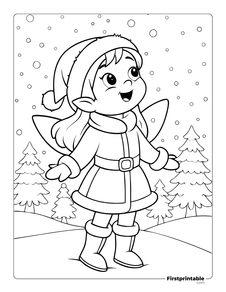Cute Fairy Girl in Snowy Winter Coloring Page