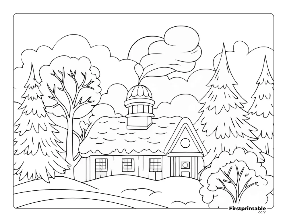 House in Winter Coloring Page