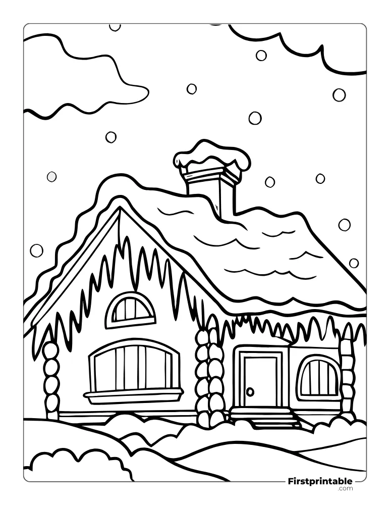Winter House in Snow Coloring Page