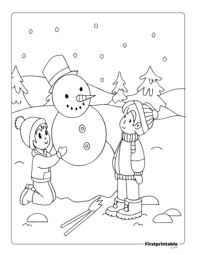Kids Building a Cute Snowman Coloring Sheet