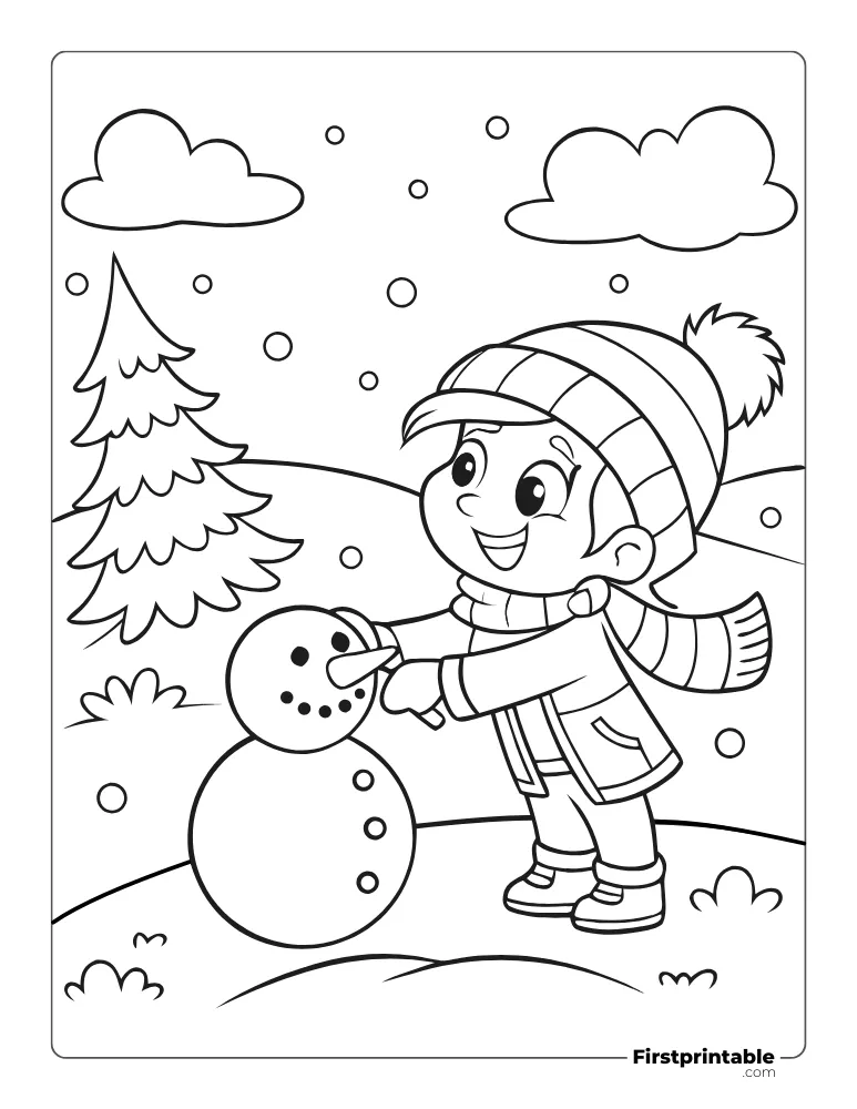 Kid Building Snowman to Color for Kids