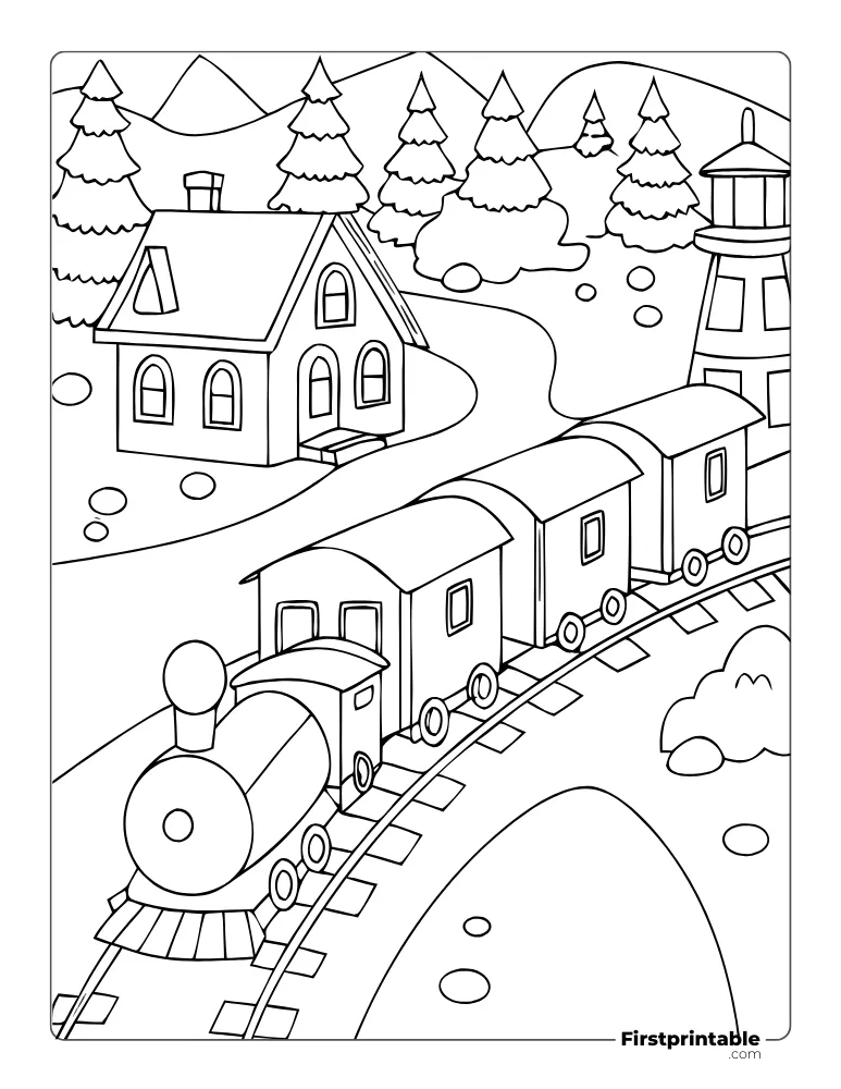 Train in Snowy Village Coloring Page