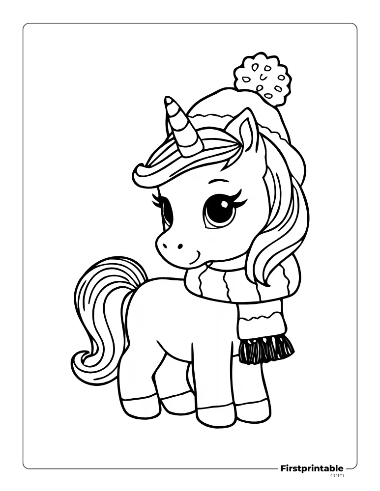 Cute Unicorn Wearing a Scarf to Color