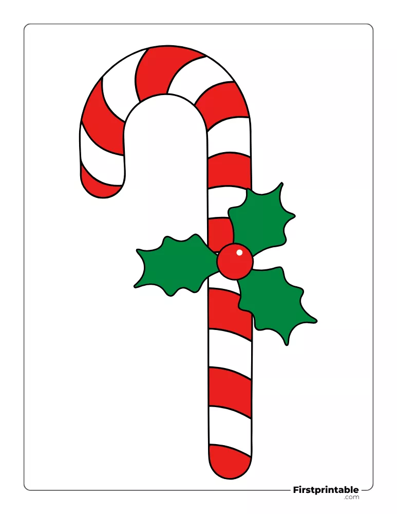 Candy Cane with Mistletoe Template - Large Colored
