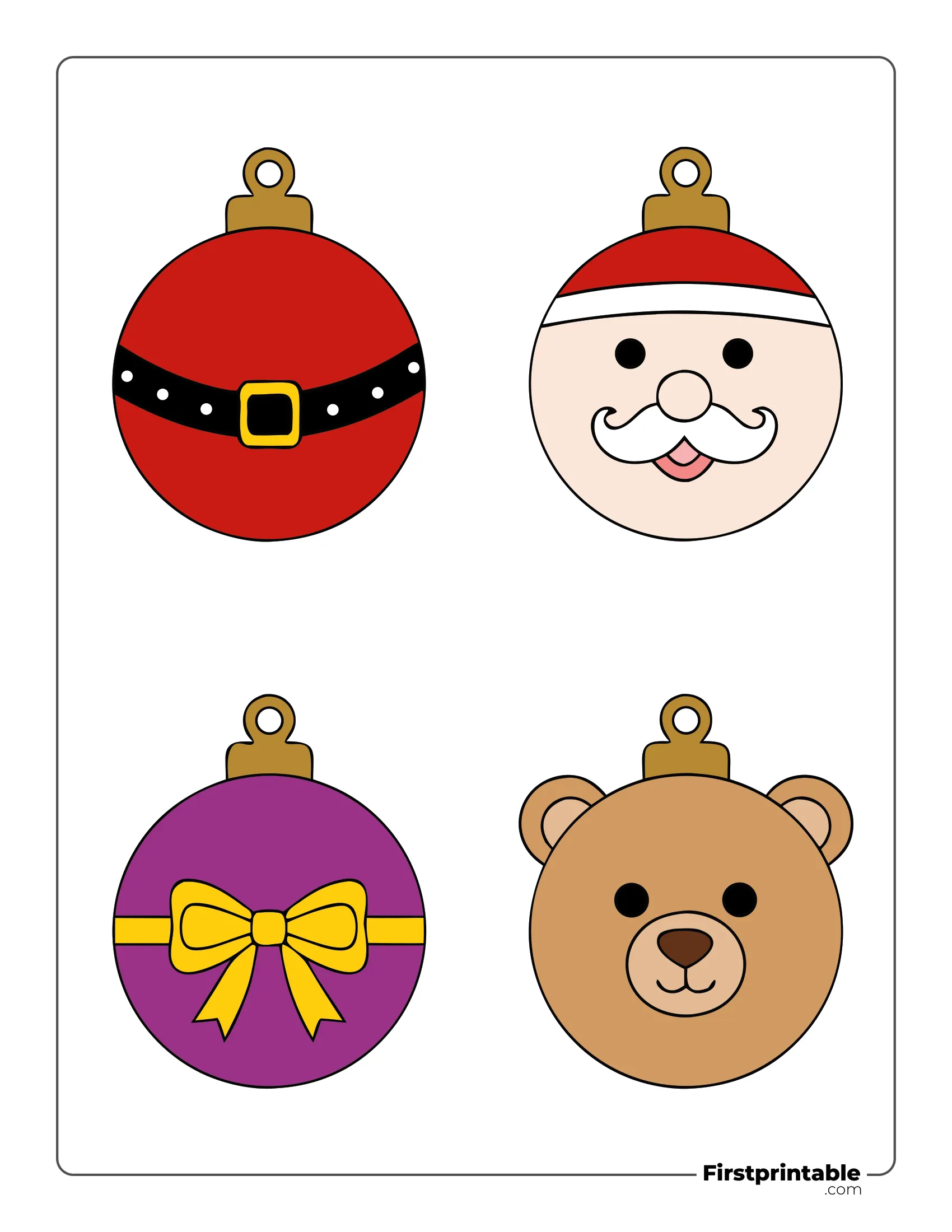 Printable Christmas Ball Template - Large Colored ( Santa, Belt, Bow and Bear)