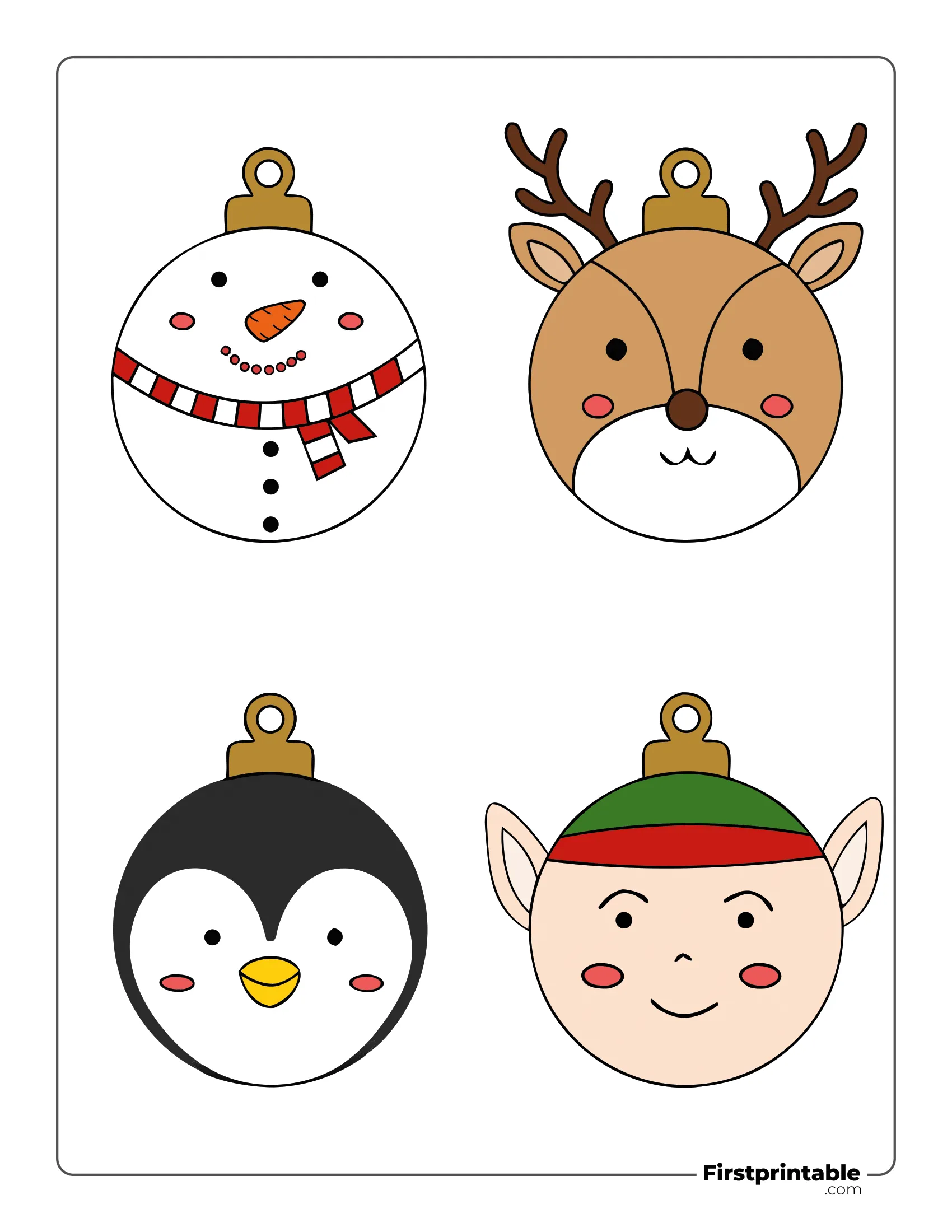 Christmas Ball Template - Large Colored (Snowman, Elf, Reindeer and Penguin)
