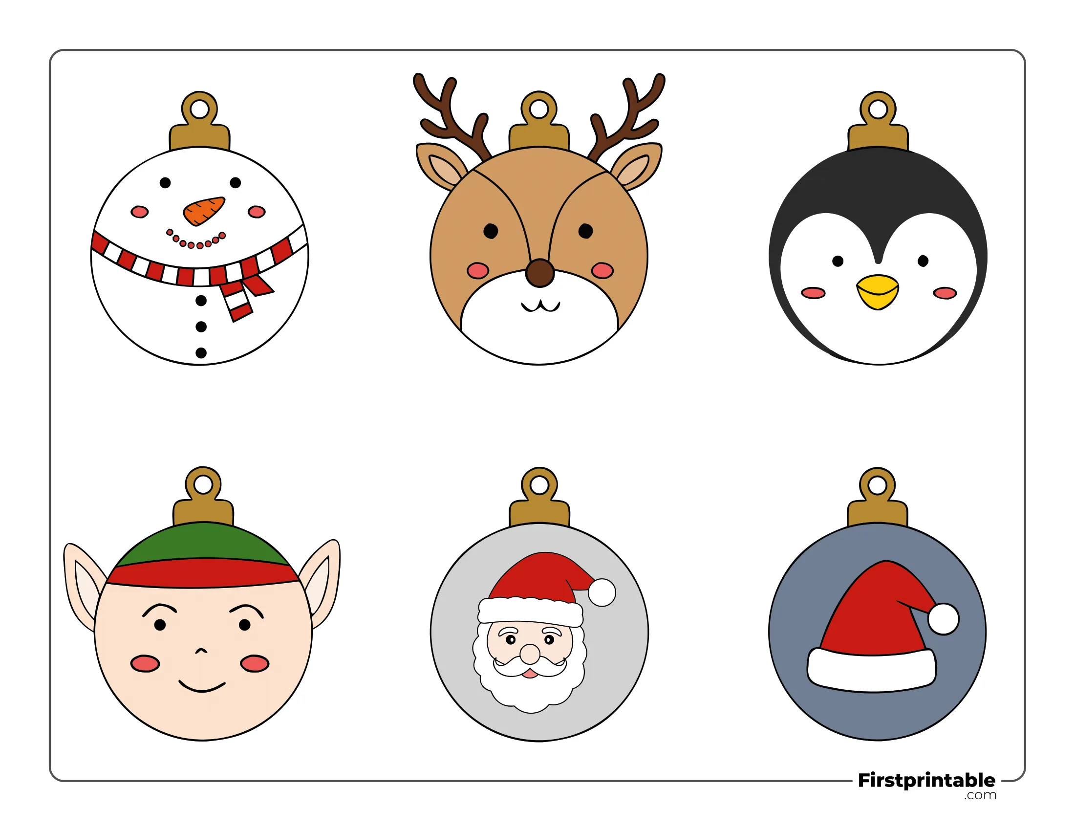 Christmas Ball Template - Small Colored (Snowman, Elf, Reindeer, Penguin, Santa and Hat)