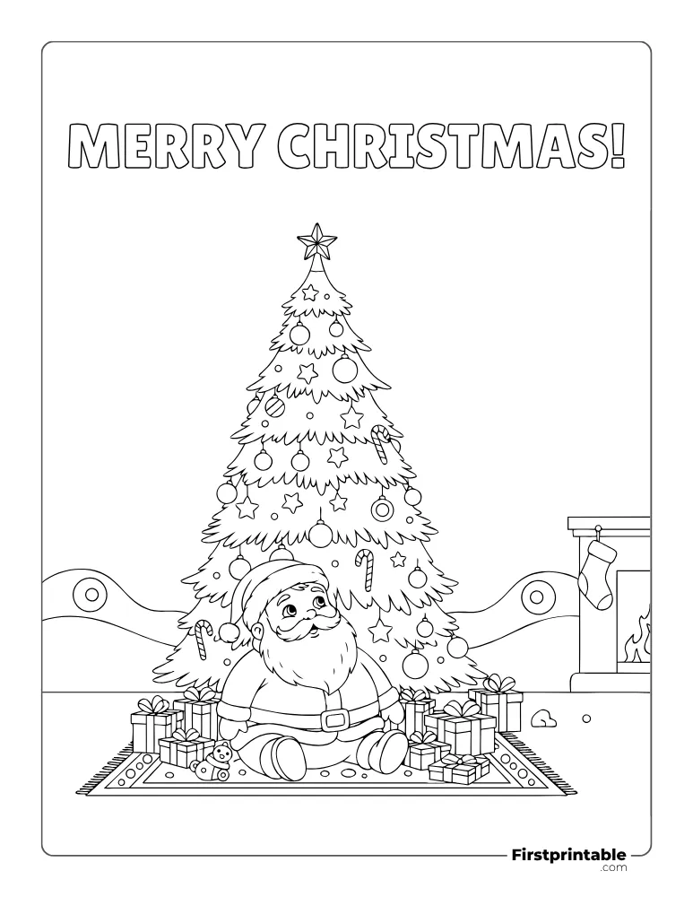 Kawaii Santa Resting Under Tree Coloring Sheet