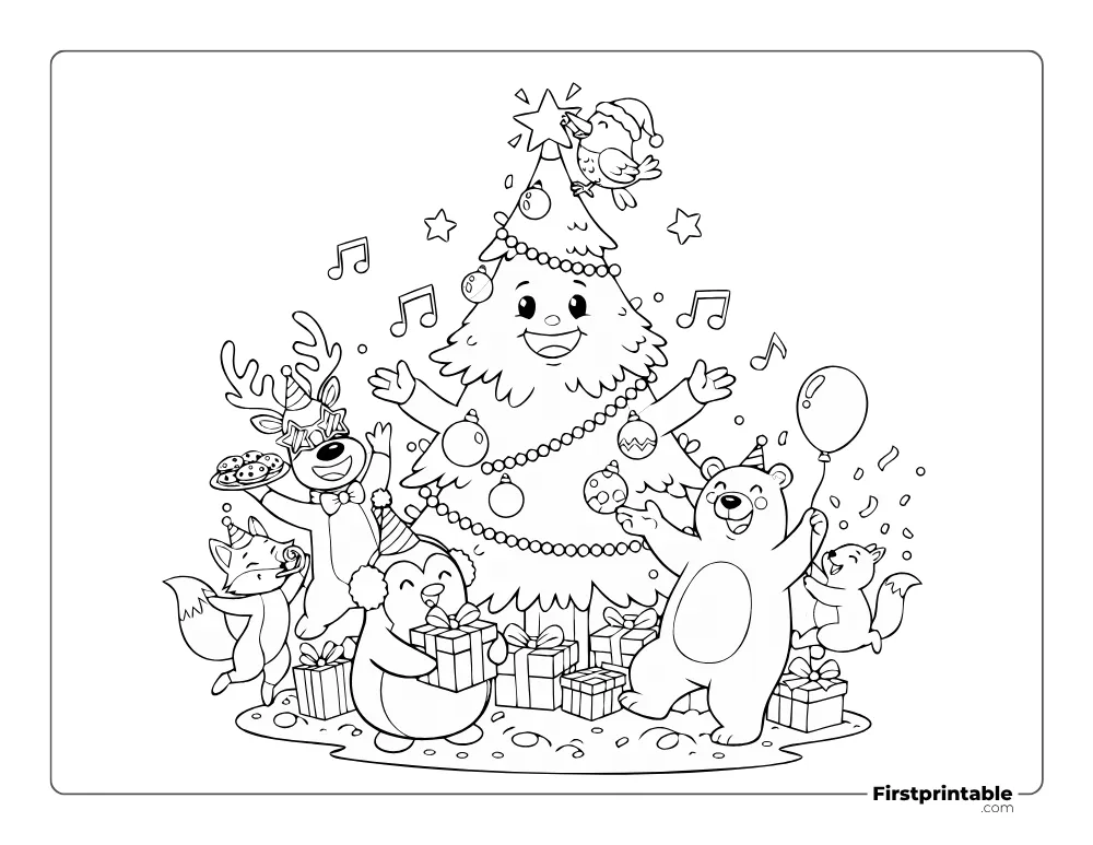 Festive Christmas Tree Surrounded by Winter Animals Coloring Sheet