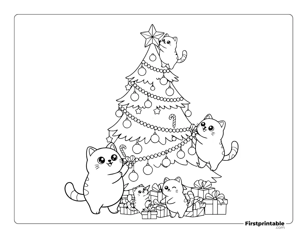 Cat Family Decorating Xmas Tree Coloring Sheet