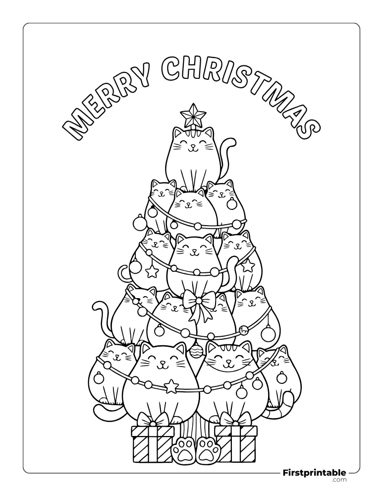 Cute Cats Stacked as Christmas Tree Coloring Page