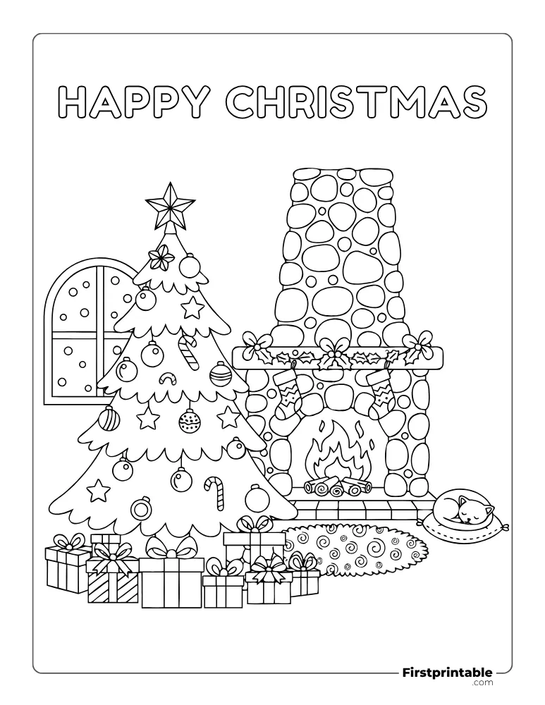 Christmas Tree in Cozy Living Room Coloring Sheet