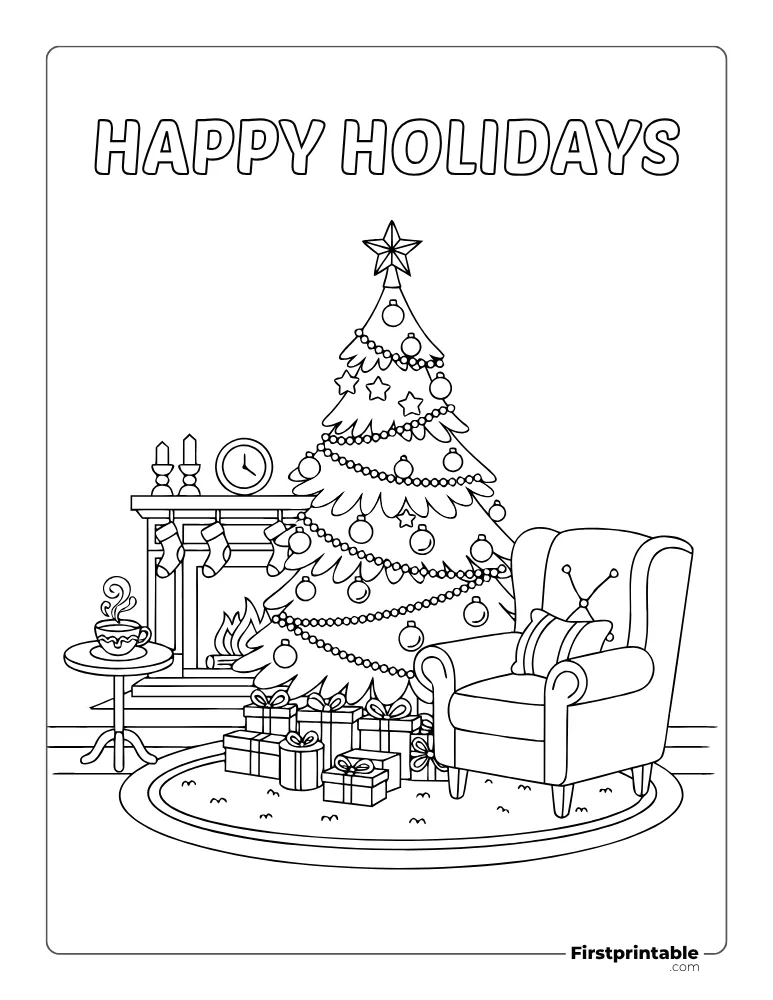 Cozy Christmas Tree Coloring Page with Ornaments