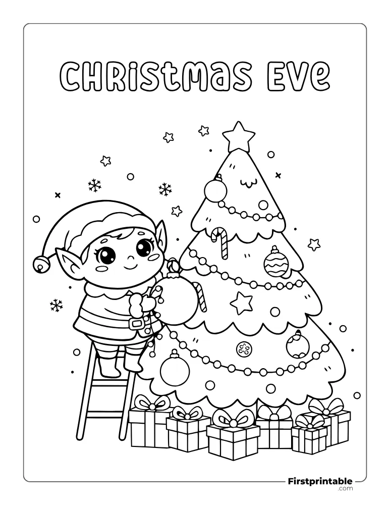 Kawaii Elf and Tree Coloring Page