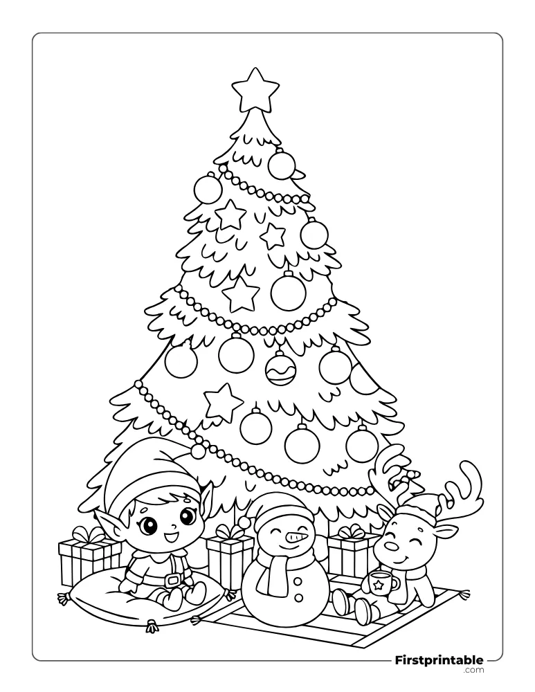 Christmas Tree with Elf, Snowman, and Reindeer Coloring Page