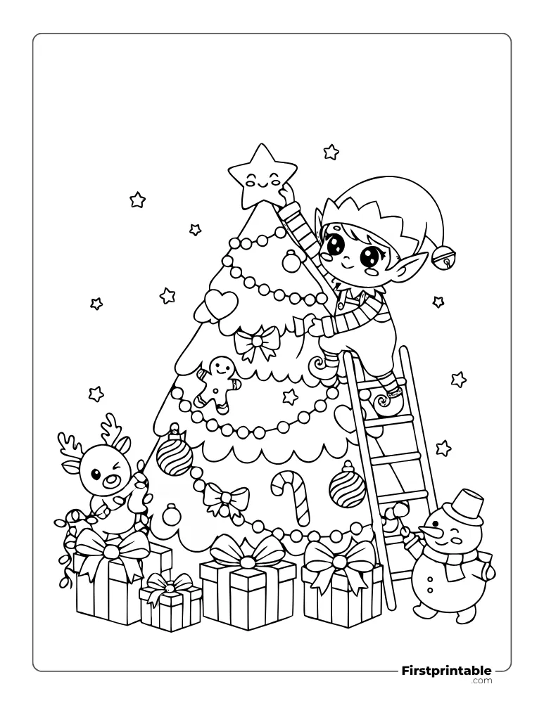 Snowman, Elf, and Reindeer Decorating Tree Coloring Page