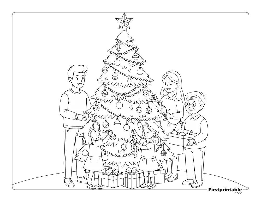 Happy Family Decorating Christmas Tree Coloring Page