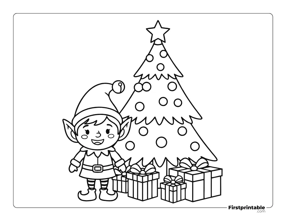 Christmas Tree with Elf Coloring Sheet