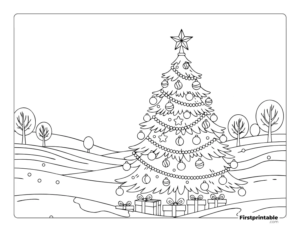 Realistic Decorated Christmas Tree Coloring Page