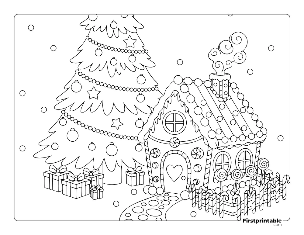 Decorated Christmas Tree with Gingerbread House Coloring Page