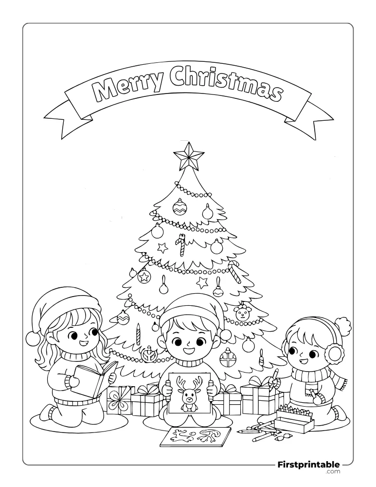 Kids Doing Activities Under the Christmas Tree Coloring Page