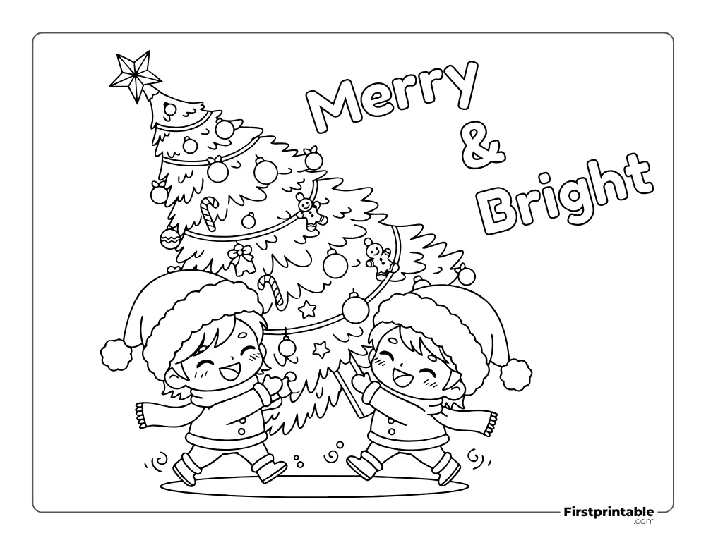 Children Lifting Christmas Tree Coloring Page