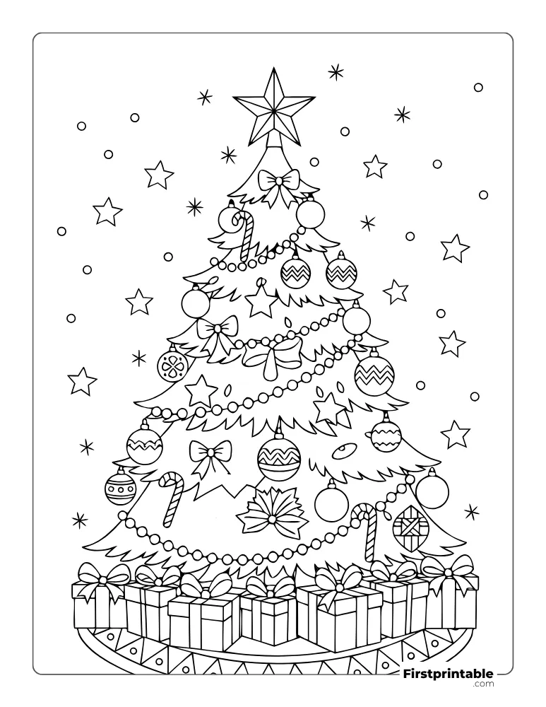 Realistic Christmas Tree with Decorations Coloring Page