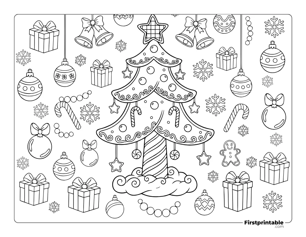 Christmas Tree and Ornaments Coloring Page