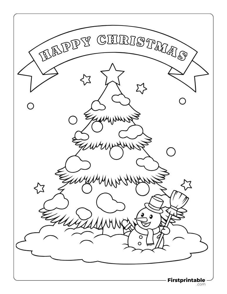 Happy Snowman Under Christmas Tree Coloring Page
