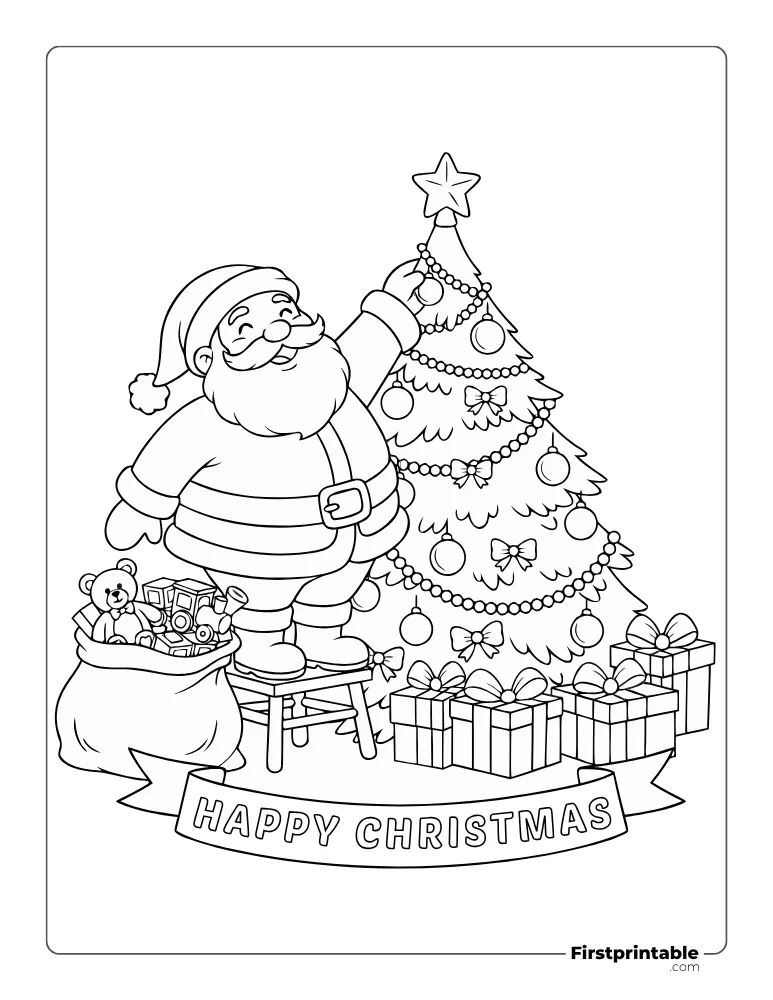 Santa Decorating a Christmas Tree Coloring Page