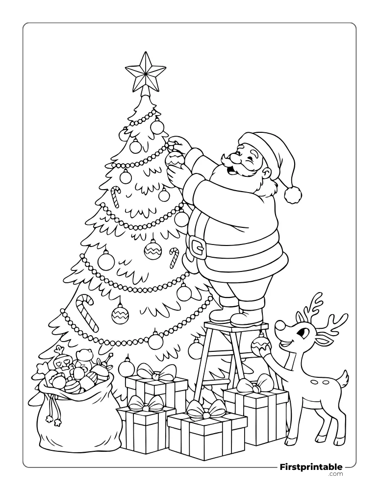 Santa Claus Decorating the Christmas Tree Coloring Page