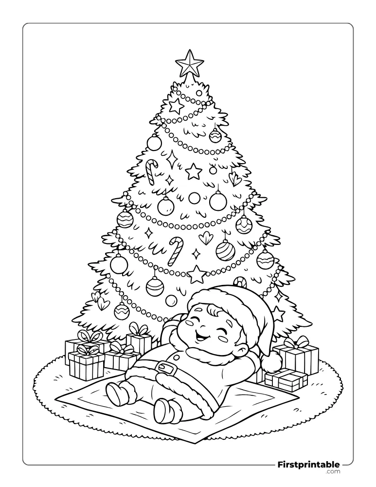 Baby Santa Under Christmas Tree Coloring Page