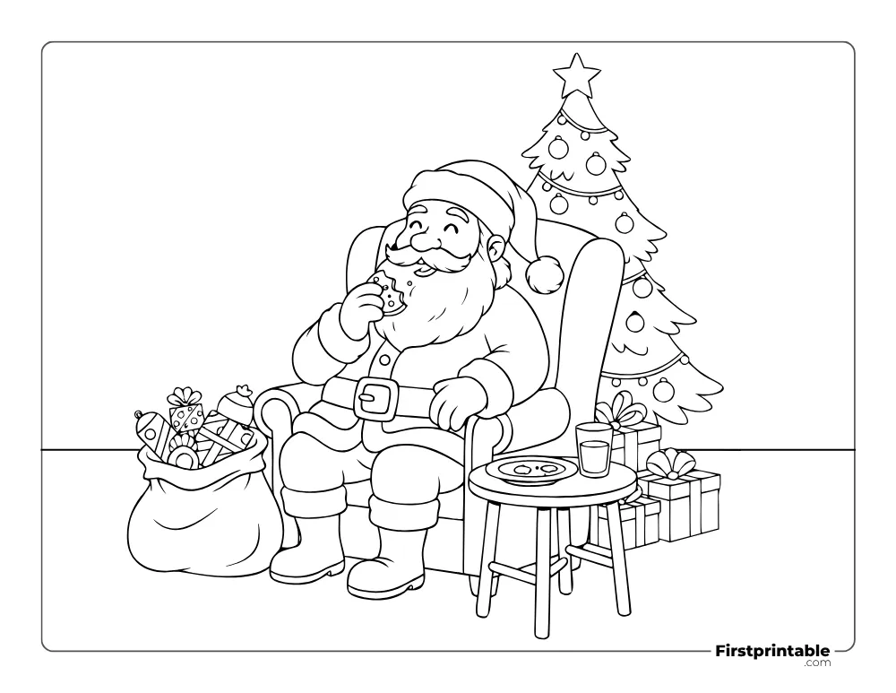 Santa Eating Cookies Near Christmas Tree Coloring Sheet