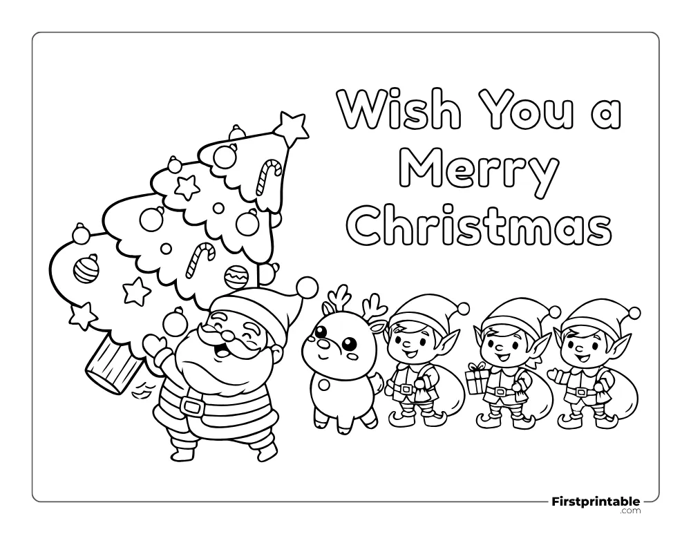 Happy Santa Lifting Tree with Kawaii Reindeer and Elves Coloring Sheet