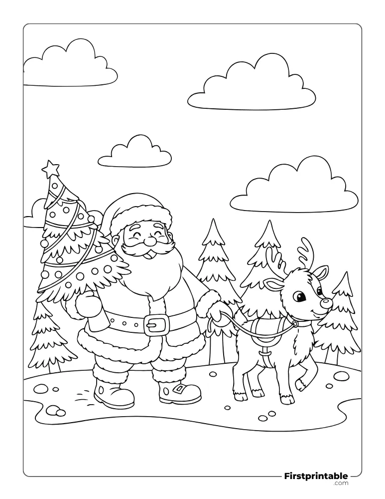 Santa with Reindeer and Xmas Tree Coloring Page