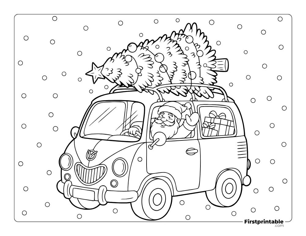 Santa Claus Loading Christmas Tree in Vintage Car Coloring Page