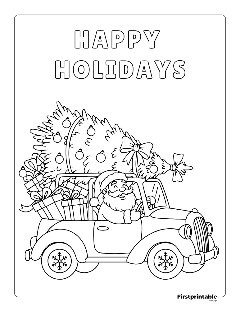 Santa Claus in Car with Christmas Tree and Gifts Coloring Sheet