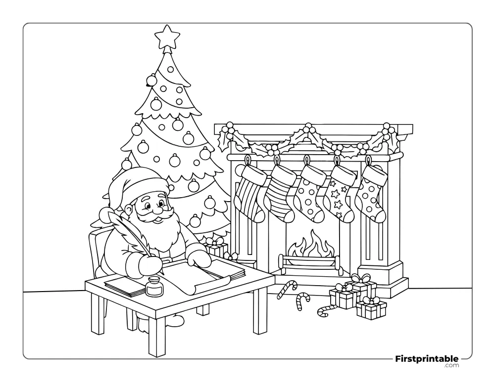 Santa Claus near Christmas Tree and Fireplace Coloring Page