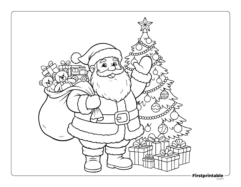 Happy Santa with Sack and Tree Coloring Sheet