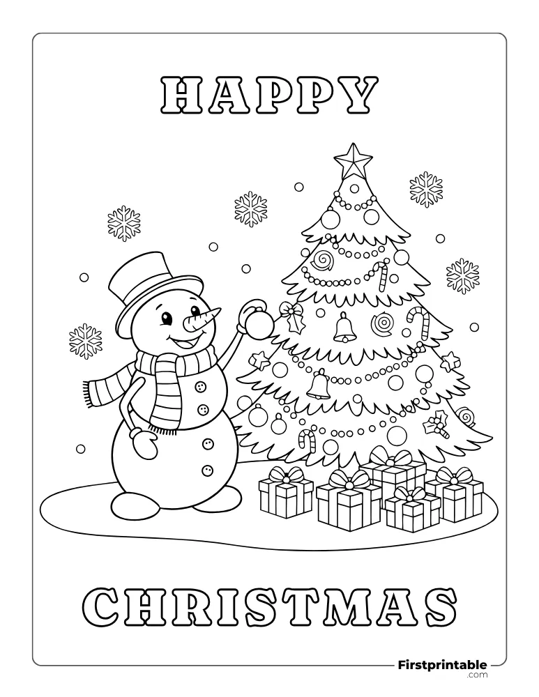Cute Snowman Decorating Christmas Tree Coloring Page