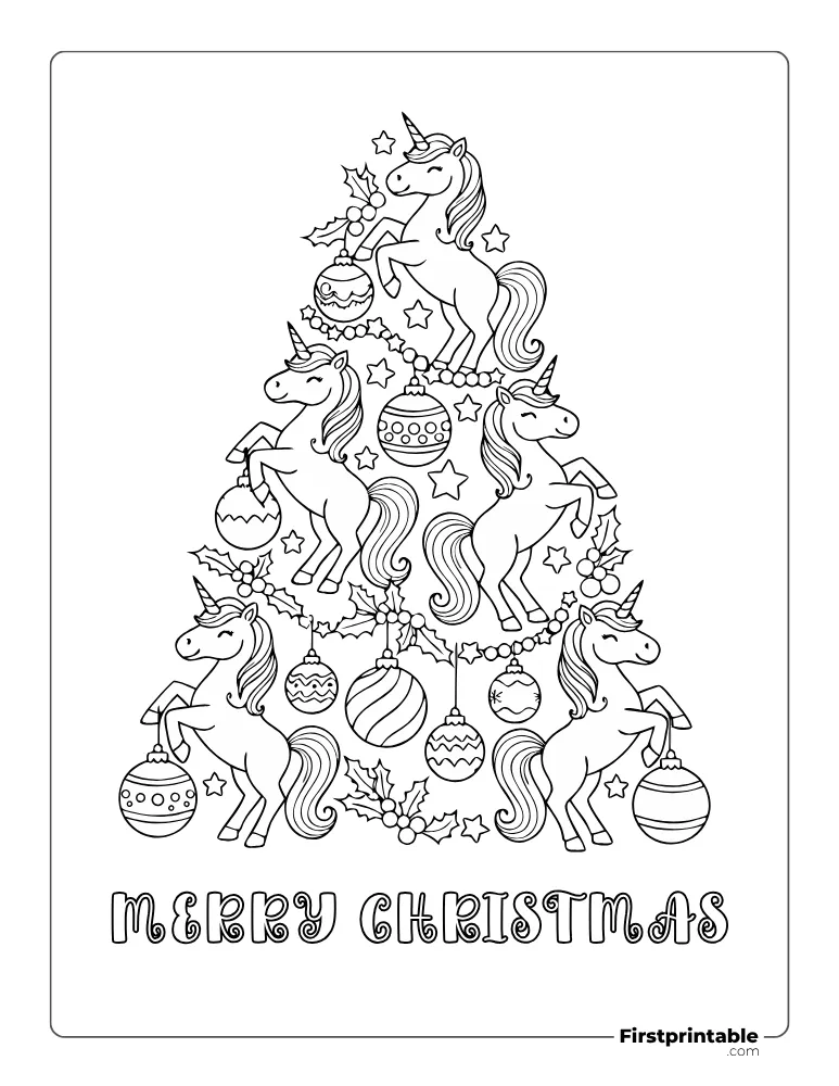 Cute Unicorn on Stacked Christmas Tree Coloring Page