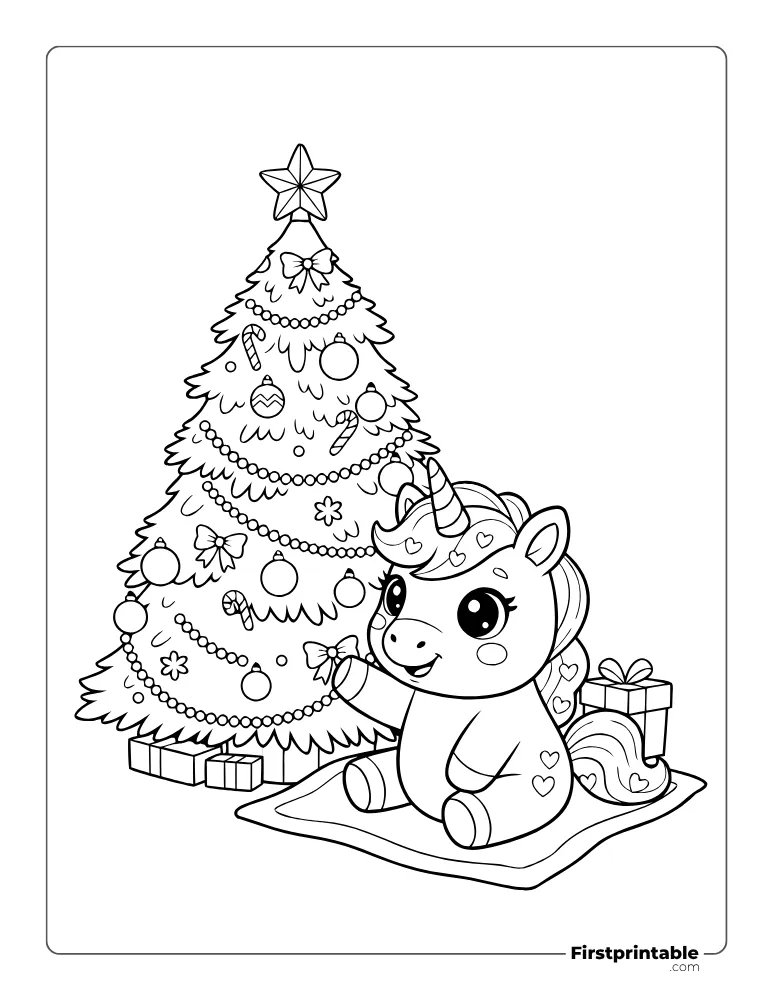 Kawaii Unicorn with Christmas Tree Coloring Sheet