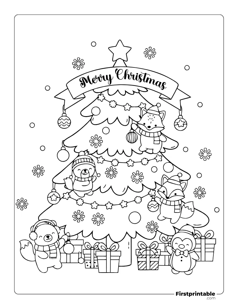 Winter Animals Decorating Tree Coloring Page