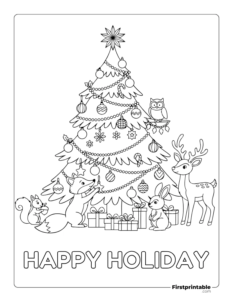 Reindeer, Bunny, Fox Decorating Xmas Tree Coloring Sheet