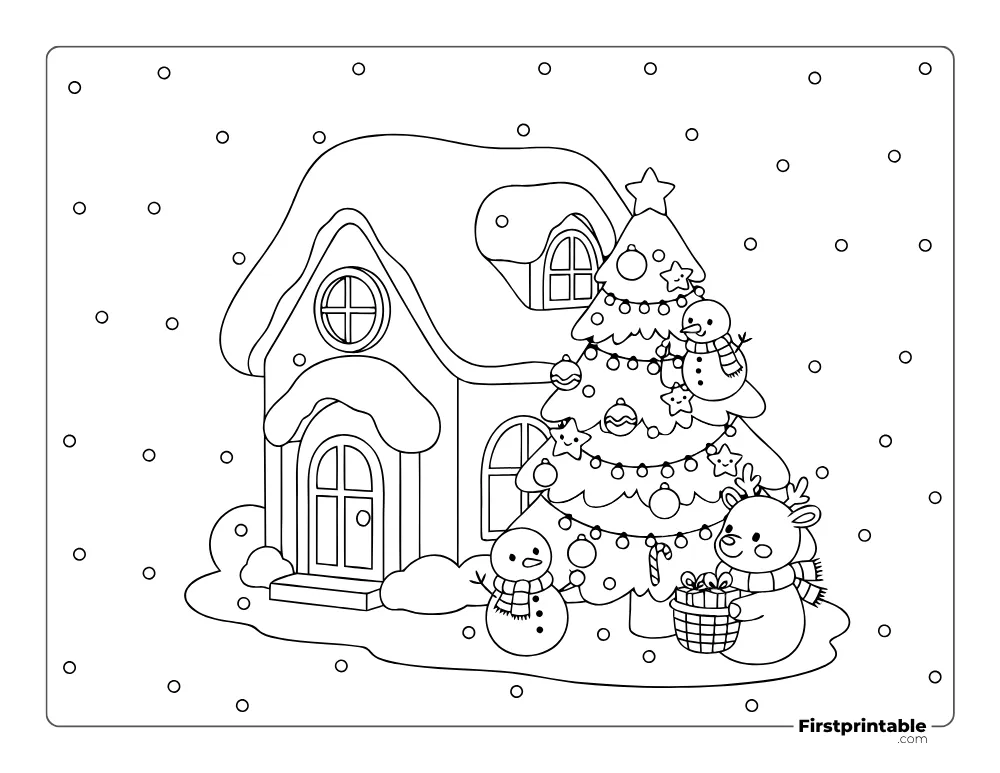 Decorated Christmas Tree Outside Winter House Coloring Page