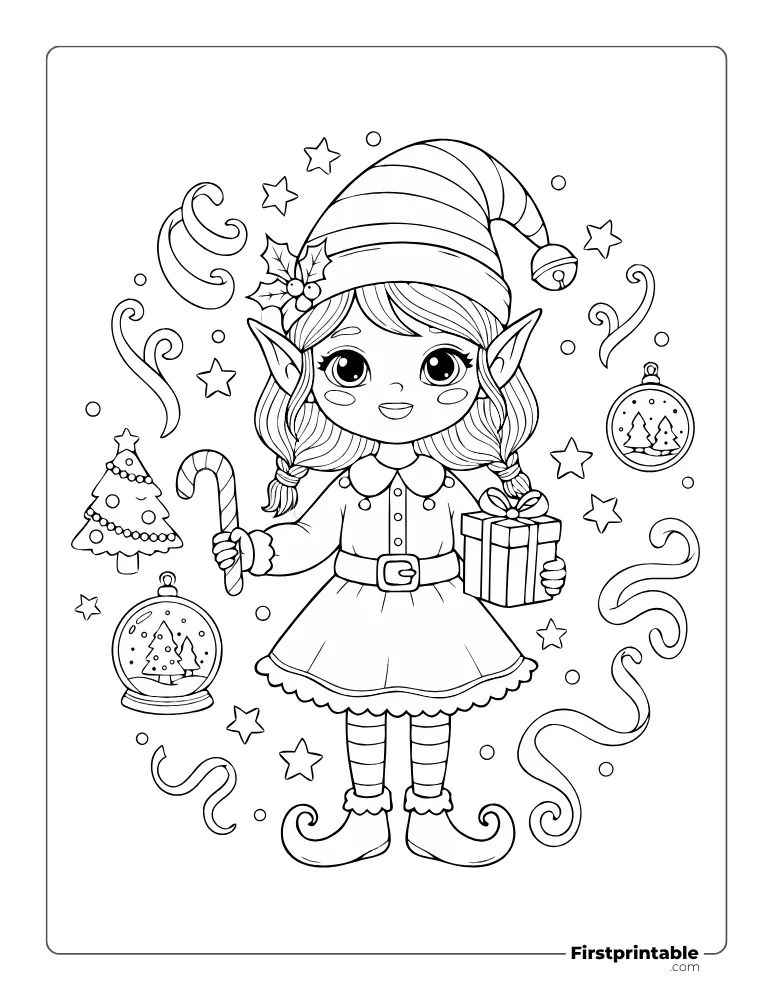 Girl Elf with Gift and Candy Cane Coloring Page Girl Elf with Gift and Candy Cane Coloring Page