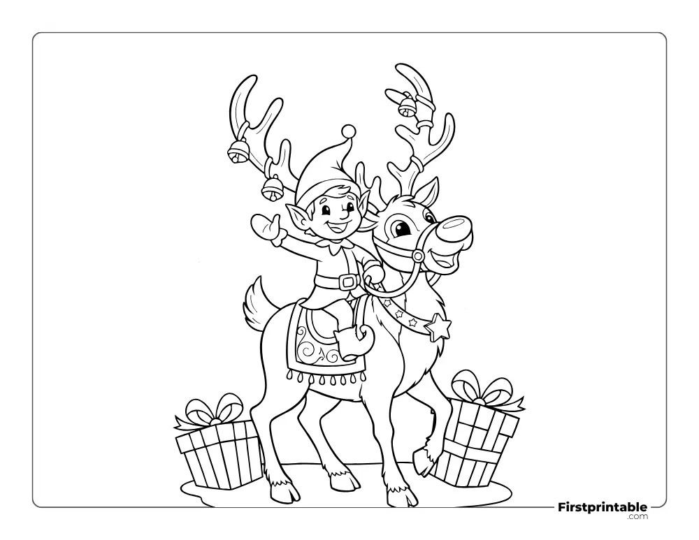 Happy Elf and Reindeer Coloring Sheet for Children Happy Elf and Reindeer Coloring Sheet for Children