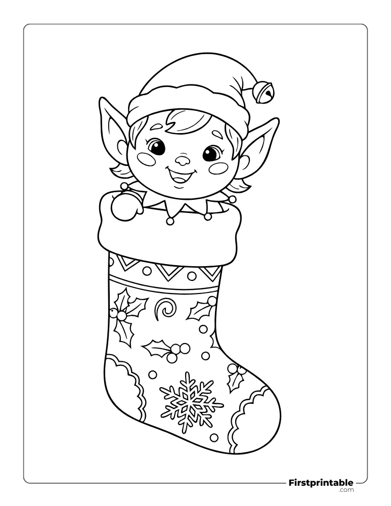 Elf on Christmas Stocking Coloring Page Elf on Christmas Stocking Coloring Page