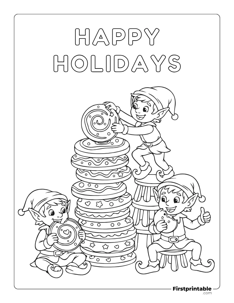 Elves with Christmas Treats Coloring Sheet Elves with Christmas Treats Coloring Sheet