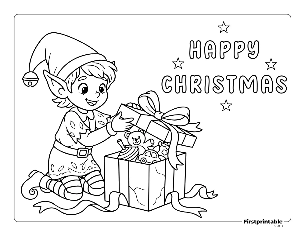 Happy Christmas with Gift Box Coloring Page  Happy Christmas with Gift Box Coloring Page
